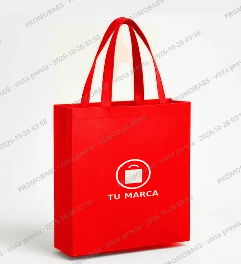 Render de ejemplo: bolsa Strong roja con el logo «TU MARCA» en blanco y marca de agua de vista previa