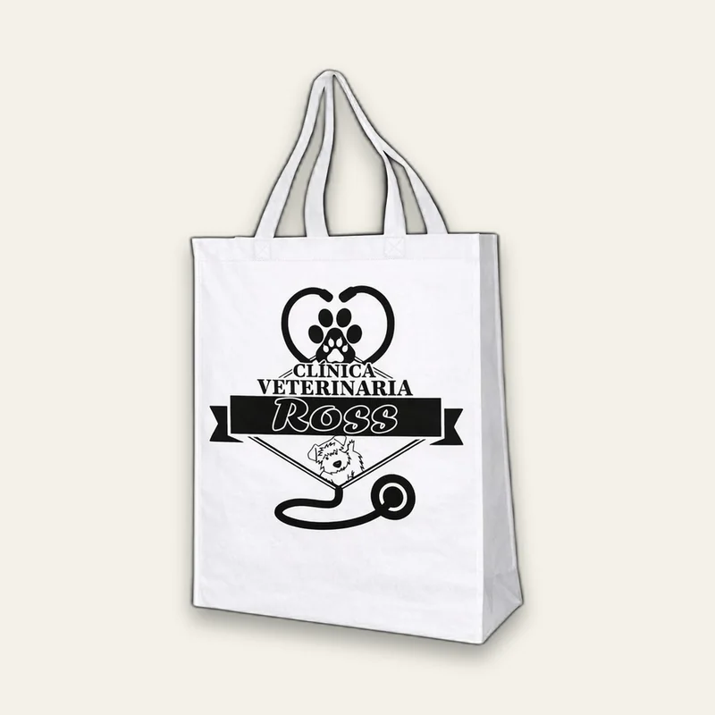 Bolsa Strong blanca con el logo de Clínica Veterinaria Ross impreso en negro